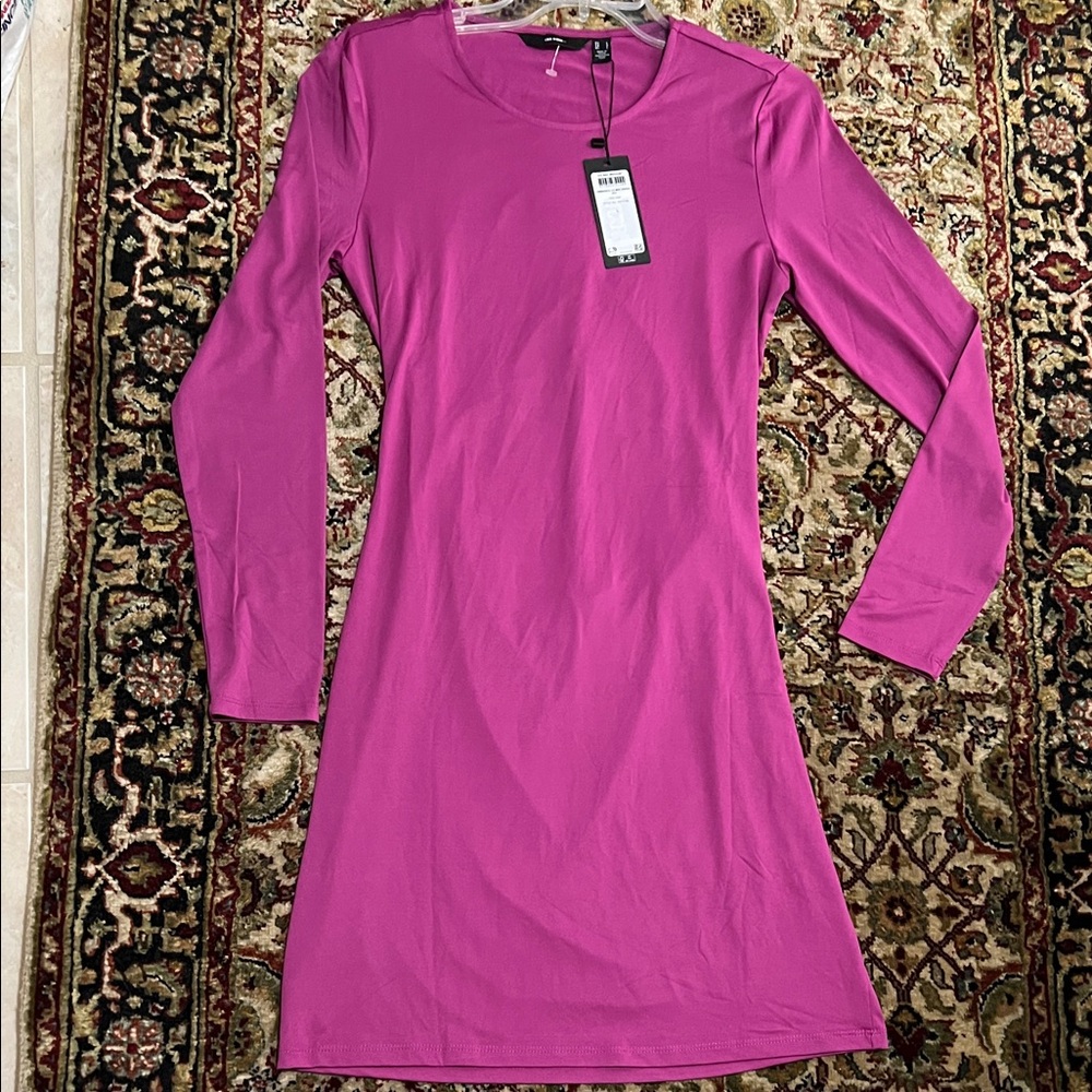 Vero Moda Bianca Cutout Back Long Sleeve Fuchsia Dress Size Large New